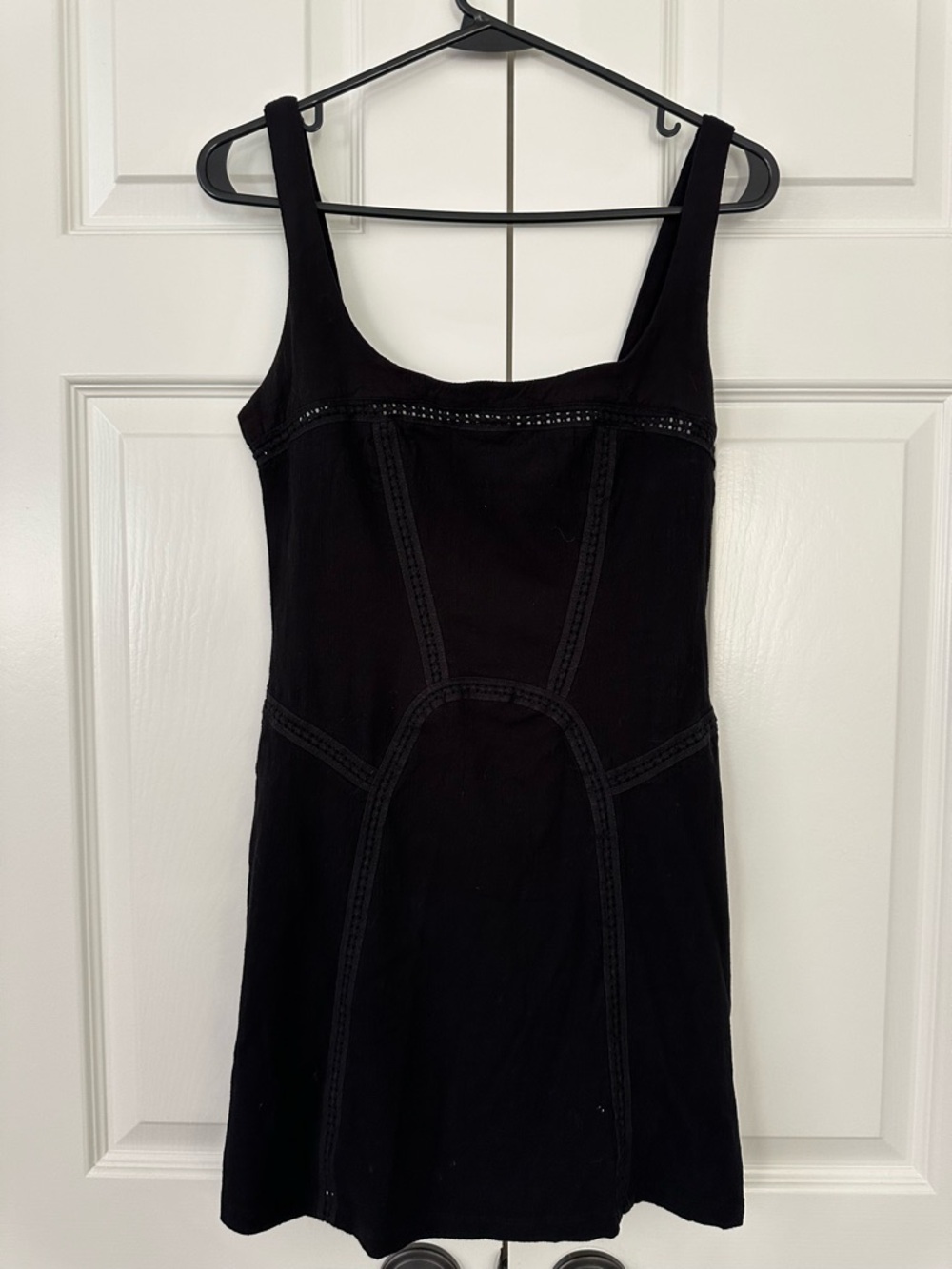 Free People Black Textured Fabric Top with Lace Trim